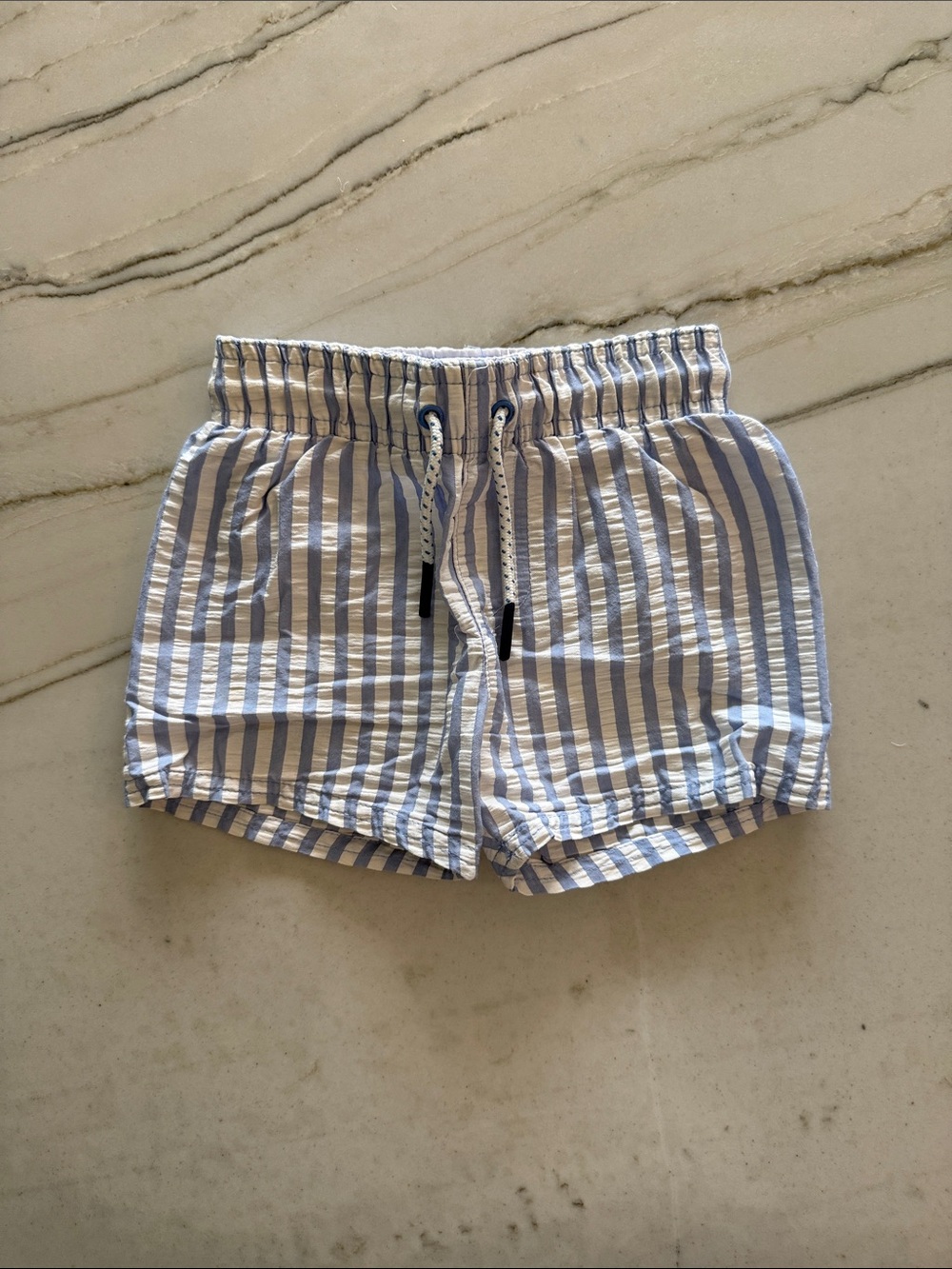 Blue and White Seersucker Toddler Boy Swim Trunks
